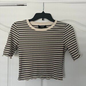 CIDER - Striped Lettuce Trim Mid Sleeve Top